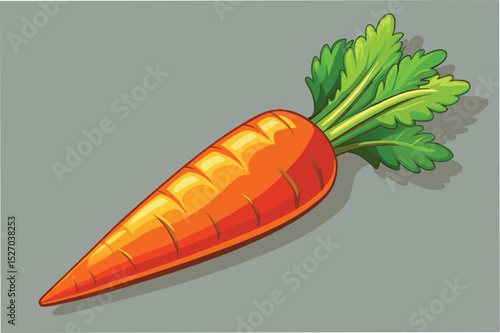 Vector clipart features a bright orange Carrot with vibrant green leafy tops, resting on a grey surface, in the style of a simple cartoon