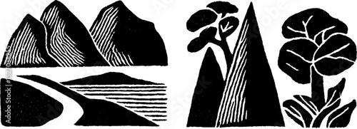 Neo folk art style illustration set featuring mountains and trees for unique design projects