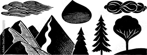 Neo folk art style mountain and nature elements set for design