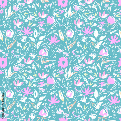 Obraz na plátně Watercolour Pink Floral Seamless Pattern, Turquoise Bloom & Leaf Repeat, Expressive Spring Garden Fabric, Vibrant Abstract Botanical Design, Modern Artistic Flower Print
