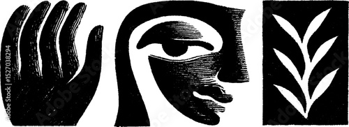 Neo folk art style illustration featuring open hand and abstract face for creative design use