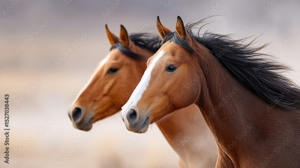 Fototapeta premium Dynamic racing horses galloping side by side in a vibrant outdoor setting