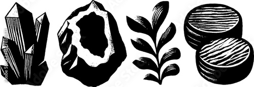 Neo folk art inspired black and white illustrations of rose quartz crystals and natural elements
