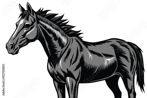 Illustration of a magnificent grey horse standing proudly with its head turned in a rural setting on a sunny day, showcasing its muscular build and graceful form