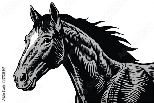 Illustration of a magnificent grey horse standing proudly with its head turned in a rural setting on a sunny day, showcasing its muscular build and graceful form