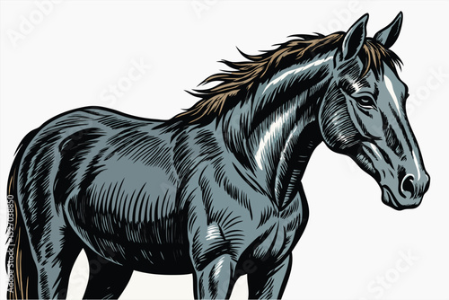 Illustration of a magnificent grey horse standing proudly with its head turned in a rural setting on a sunny day, showcasing its muscular build and graceful form