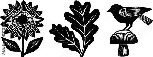 Neo folk art style illustration set featuring sunflower, leaves, and bird on mushroom