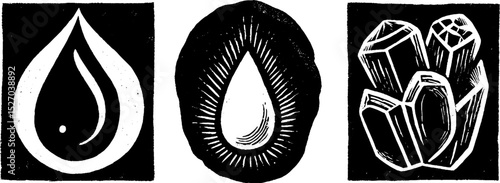 Neo folk art style teardrop illustration set featuring abstract crystal designs
