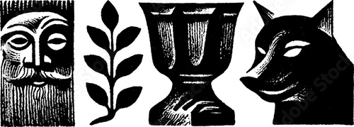 Neo folk art style illustration set featuring troll, plant, goblet, and animal figures