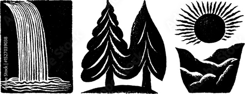 Neo folk art style illustrations featuring waterfall, evergreen trees, and sun