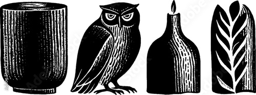 Neo folk art style set featuring wise owl and natural elements for creative design
