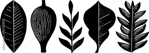 Neo folk art style woodcut leaves illustration for design