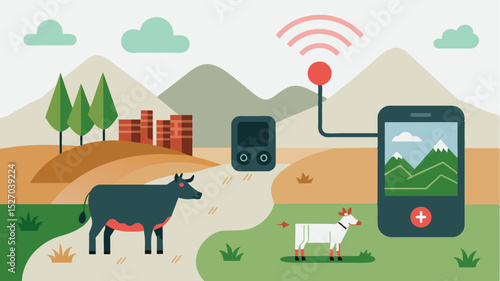 A remote monitoring device tracking the location of grazing animals enabling farmers to quickly locate lost or sick animals.. Vector illustration