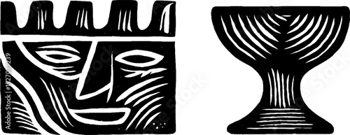 Neo folk art style woodcut print featuring abstract face and goblet design for wall decor