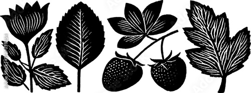 Neo folk art woodcut print featuring floral and strawberry elements