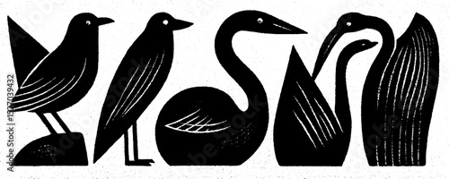 Neo folk art illustration of birds in woodcut print style for creative design