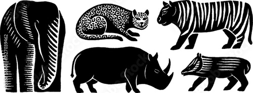 Neo folk art style woodcut illustration with wild animals and text elements