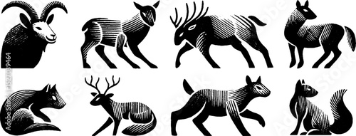 Neo folk art animals in woodcut style illustration for creative design