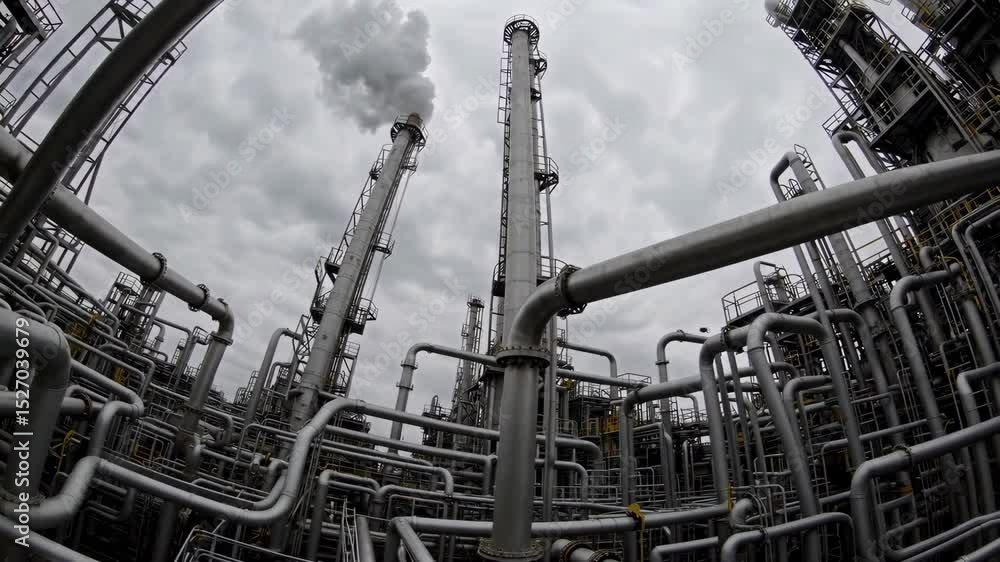 industrial view of an oil refinery plant in an industry zone, towering smokestacks and pipelines under a cloudy sky industrial view of an oil refinery plant in an industry zone, towering smokestacks and pipelines under a cloudy sky