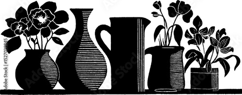 Neo folk art style woodcut print of floral arrangements in vases