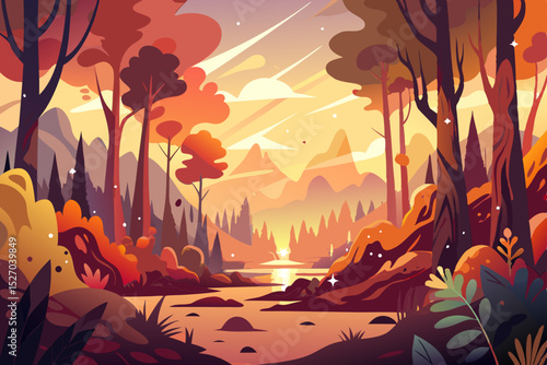 Orange floral vector illustration of a sunset in an autumn forest landscape with tree silhouettes