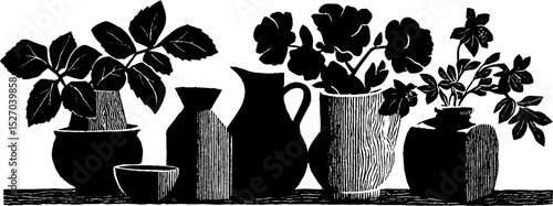 Neo folk art style woodcut of potted plants and flowers for vintage design projects