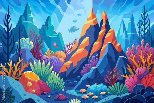 Underwater world map illustration with tropical fish, coral, and marine life