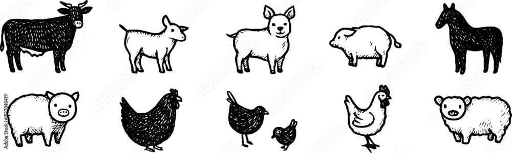 Quirky sketch set of farm animals including cow, calf, pig, horse, and chickens Quirky sketch set of farm animals including cow, calf, pig, horse, and chickens