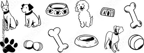 Quirky dog sketches with leashes and toys for pet lovers and design ideas