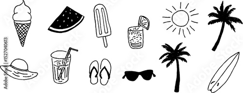 Quirky summer sketches set featuring ice cream, tropical elements, and beach icons