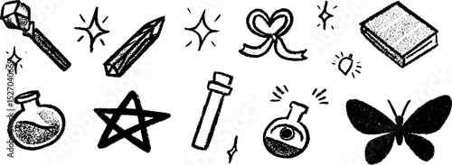 Whimsical magical sketches: quirky grimoire elements set for creative designs