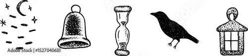 Quirky sketches set featuring moonlit window with bell, hourglass, crow, and lantern illustration