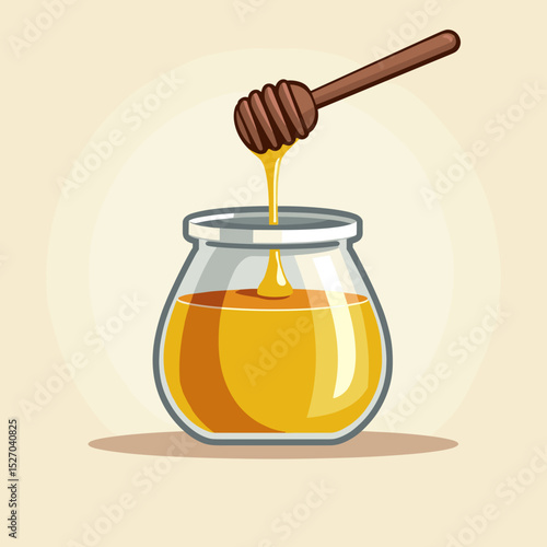 Honey dripping from wooden dipper into glass jar  