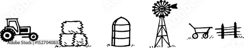 Quirky farm elements: tractor, hay bale, silo, windmill, wheelbarrow, and fence illustration set