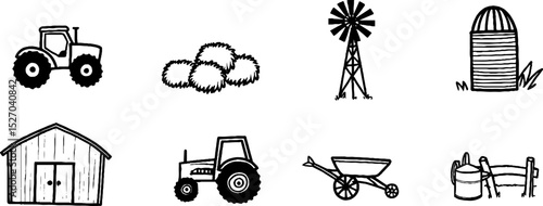 Quirky farm equipment and structures sketch set for design and decoration use