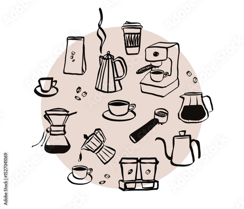 Coffee set in hand drawn doodle style. Retro whimsical icons for cafeteria menu and business breakfast invitation. Trendy and cute art for social media. La dolce vita vector illustration