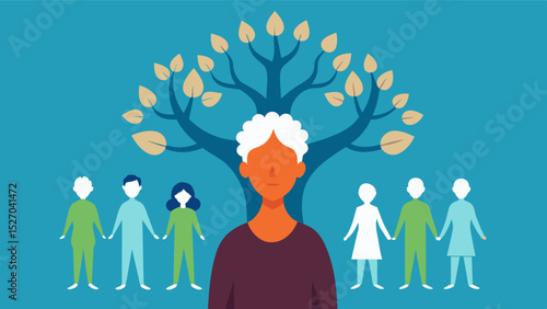 The Roots of Resilience Through the branches of the family tree an elderly person reflects on the struggles and triumphs faced by their ancestors. Despite facing challenges their. Vector illustration