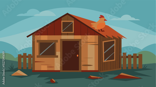 A rusted and dilapidated chicken coop sits empty its doors and windows boarded up a somber reminder of the loss of livestock due to agricultural collapse.. Vector illustration