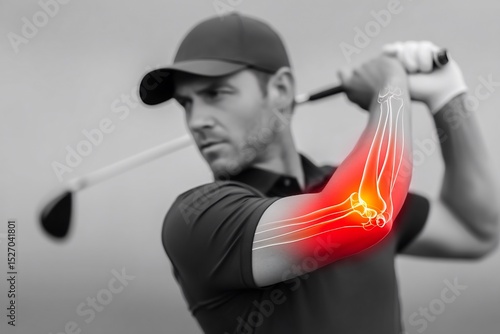 Male golfer mid swing with an X ray overlay indicating golfer's elbow medial epicondylitis in the right arm the affected tendon highlighted in red
