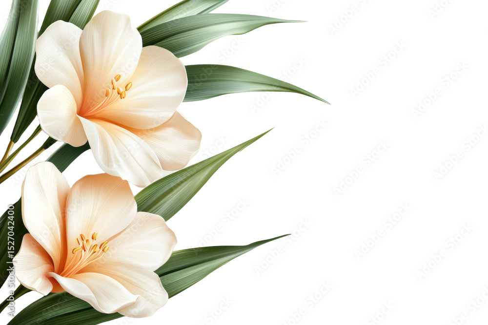 Fototapeta premium Two white flowers with green leaves on a white background, isolated