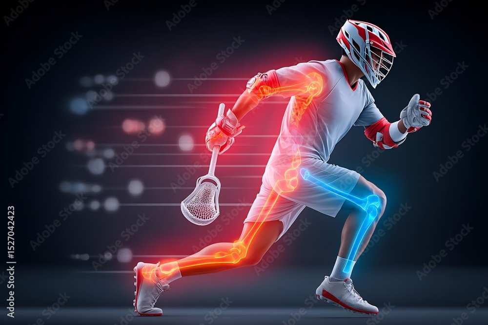 Obraz premium Male lacrosse player dodging an opponent with an anatomical illustration showing a hip flexor strain on the right side the strained muscle fibers glowing red