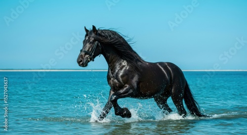 A majestic horse charges through blue surf, its mane flying and water droplets sparkling around.