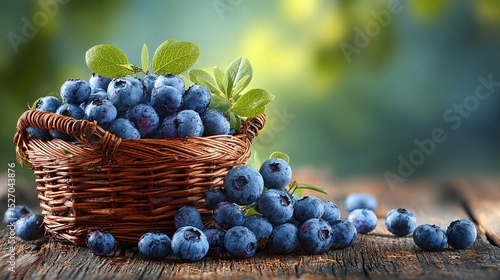 Wallpaper Mural Freshly picked blueberries overflowing from a woven basket, scattered on a rustic wooden surface against a blurred natural backdrop. Torontodigital.ca