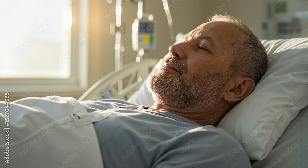 Fototapeta premium Elderly man resting in hospital bed with IV drip during recovery 