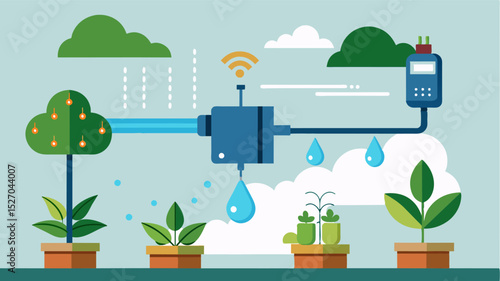A smart watering system automatically adjusts to the weather forecast ensuring that the vines receive the optimal amount of water for healthy growth.. Vector illustration
