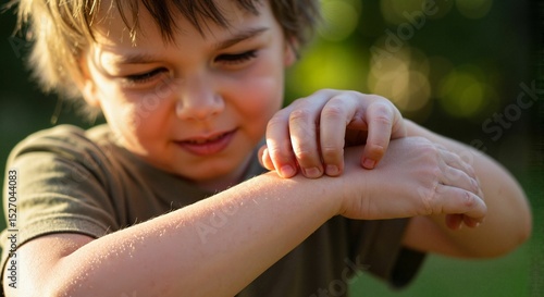 Young boy scratching itchy bug bite on arm in outdoor sunlight  