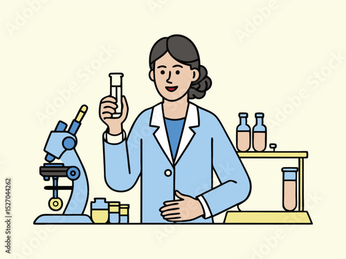 A female scientist with test tubes and a microscope
