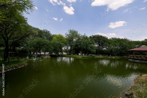 Hermoso lago con isla hecha de madera, tarde soleada, y hermoso cielo.