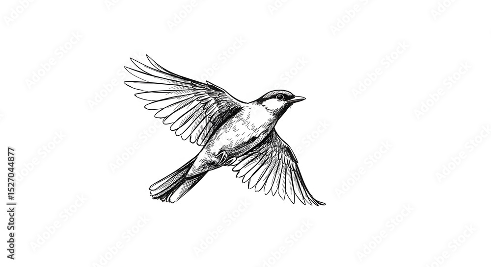Obraz premium Simple Ink Illustration of Flying Bird Isolated on White Background Showing Freedom and Graceful Movement in a Minimalist Style