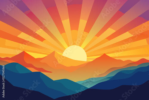 Majestic mountain landscape at dawn with a vibrant sky and silhouetted peaks, bathed in the warm glow of the rising sun